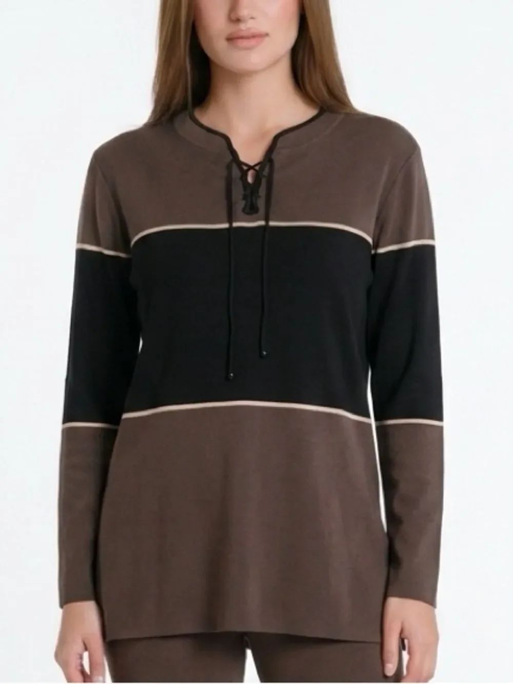MISOOK | Colorblock Black & Brown Stripe Top Lace Up Front Women’s Size Medium